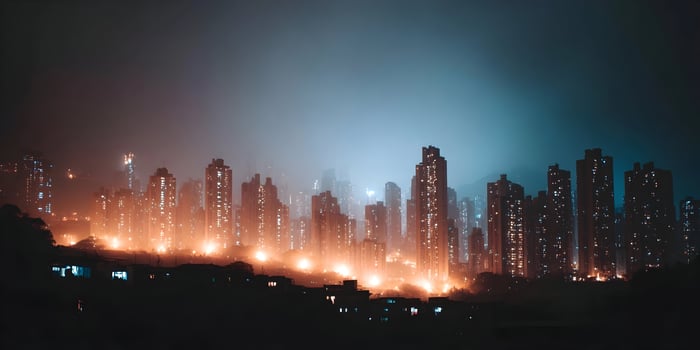 Night Cityscape Hong Kong Skyline Illuminated Buildings Foggy Atmosphere photo
