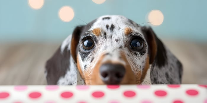 Curious Dapple Dachshund Puppy Peeking Over Pink Polka Dot Gift Wrap photo
