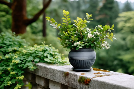 Ornamental plant growing in a pot on a stone wall in a garden photo