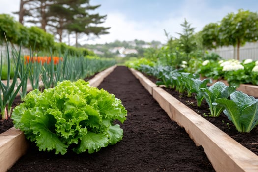 Lush green lettuce growing in raised garden bed with spring onions and kale photo