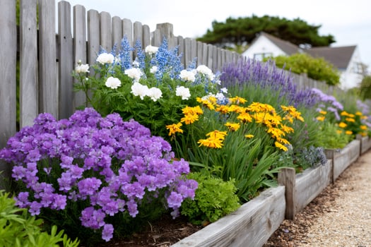 Colorful flowers growing in a garden by a wooden fence. photo
