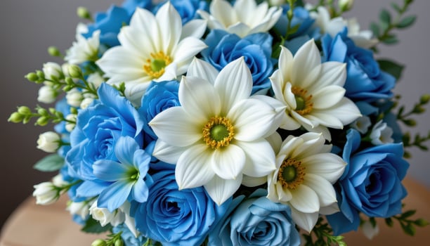 a bouquet with blue and white color toness photo
