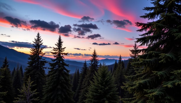 dense evergreen forest under a twilight skys photo