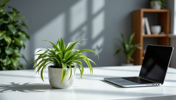 a dracaena plant on a sleek office desks photo