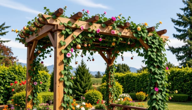 a wooden pergola covered in climbing viness photo