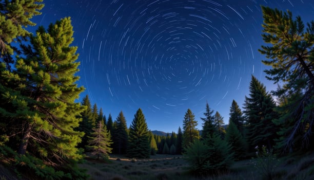 a pine forest under a sky filled with starss photo