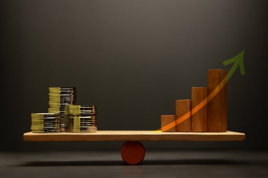 Growth Investment concept with Coin money Stack and Wooden balanced on a scale, representing financial and Profitable portfolio, and wealth accumulation through strategic photo