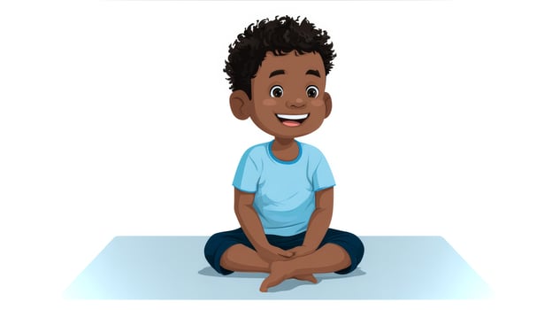 A cheerful black boy sits comfortably on a mat with crossed legs, wearing a light blue shirt and dark shorts, radiating happiness and warmth. photo