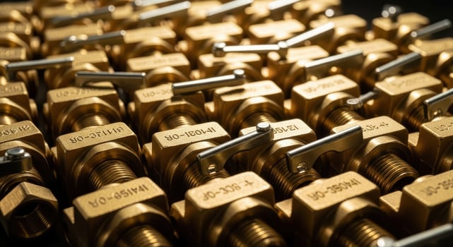 Numerous brass ball valves with handles and threaded connections for industrial use photo