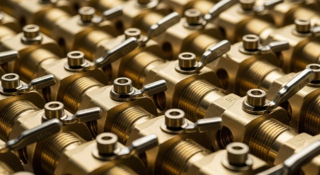 Numerous golden brass ball valves arranged in rows for industrial plumbing and fluid control. photo