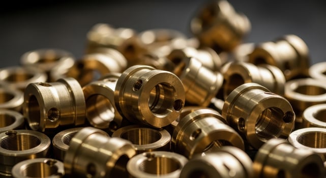 Pile of shiny brass industrial parts for mechanical engineering and manufacturing photo