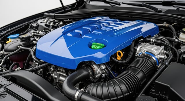 Detailed close up view of a modern car engine with a bright blue cover and components photo