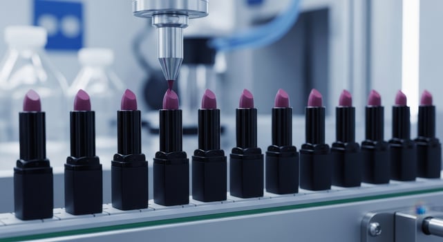 Automated lipstick production line in a modern cosmetic manufacturing factory photo