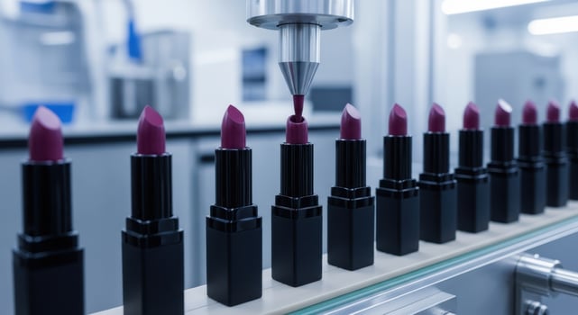 Automated lipstick manufacturing on a production line in a modern cosmetic factory photo