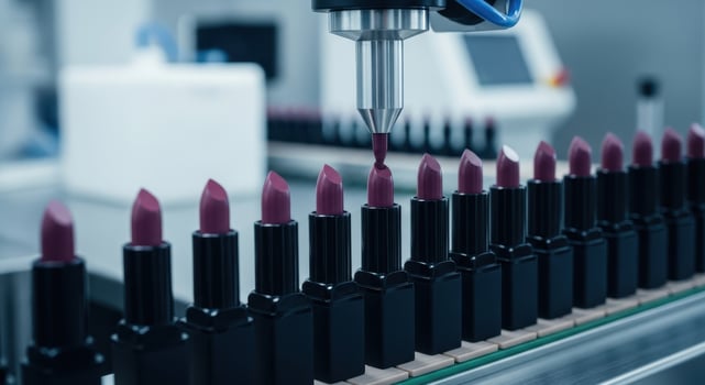 Robotic arm filling lipstick tubes on an automated production line in a factory photo
