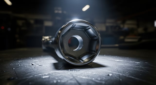 Shiny metallic socket wrench head on a dark workshop surface with dramatic lighting photo