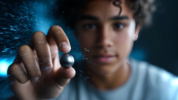 A Latino boy showcases impressive ball-spinning skills with a focused expression as swirling colors enhance the energetic atmosphere. photo