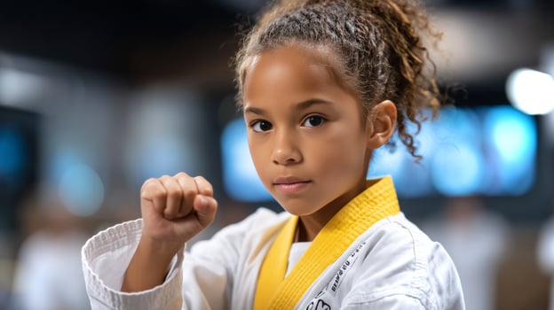 A Latina girl practices her punches in a martial arts class, demonstrating focus and determination while wearing a white uniform and yellow belt. photo