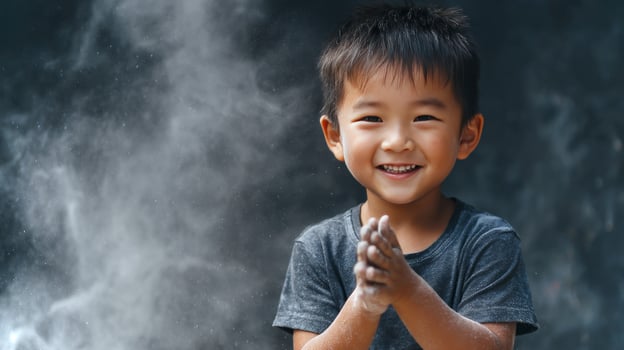 A cheerful Asian boy with chalky hands claps happily after playing outdoors. His smile reflects pure joy despite his fall in a dust-filled area. photo