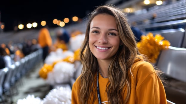 A young girl with long hair smiles warmly while holding a team jacket over her shoulder, enjoying the atmosphere of the sports event at night. photo