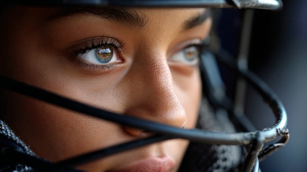 An African American girl focuses intently while wearing a catcher mask, showcasing her determination in a baseball game setting. photo