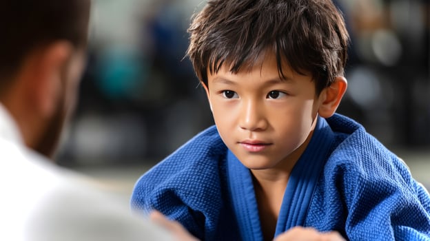 An Asian boy practices judo, showing concentration and readiness in a training stance as he engages in a judo session at a dojo. photo