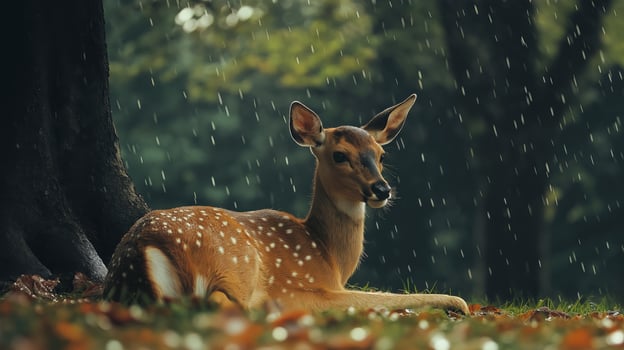 A young fawn relaxes on the ground while light rain falls in a peaceful forest area. photo