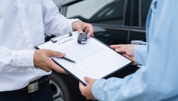 lease, rental car, sell, buy. Dealership send contract and car keys to new owner to sign. Sales, loan credit financial, rent vehicle, insurance, renting, Seller, dealer. photo
