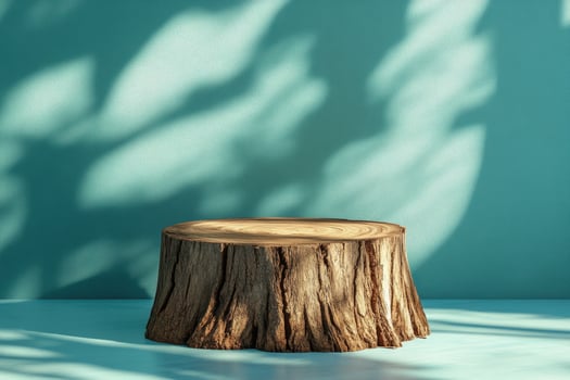 wooden stump sitting on a blue table photo
