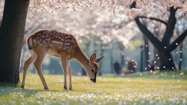 A young fawn enjoys grazing on grass surrounded by blooming cherry blossoms in a peaceful park. photo