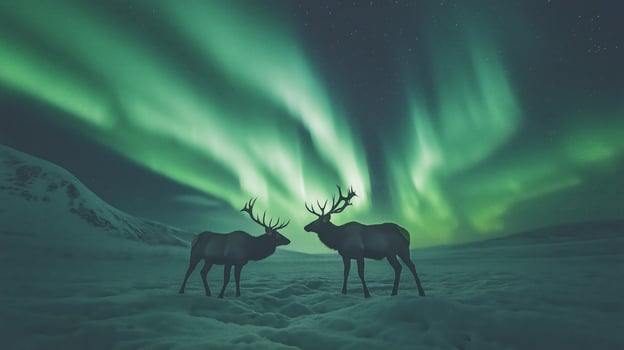 Two reindeer are silhouetted against a stunning display of northern lights in a winter setting. photo