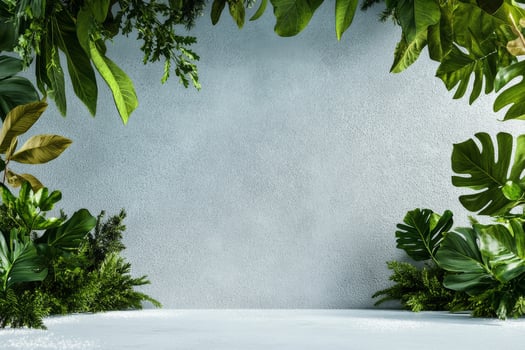 Vibrant Green Plants Frame a Textured Blue Backdrop in a Natural Setting. photo