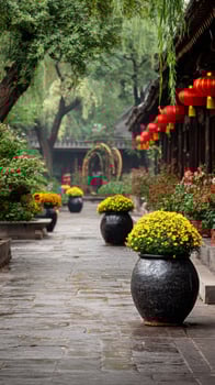 Serene Courtyard Filled With Blooming Flowers and Traditional Lanterns in a Tranquil Garden Setting photo