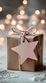 Gift Wrapped in Craft Paper With Star Tag Against a Backdrop of Warm Bokeh Lights. photo