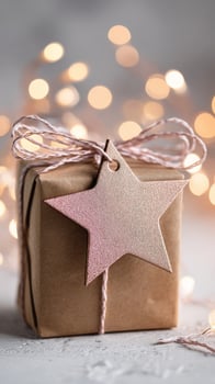 Gift Wrapped in Craft Paper With Star Tag Against a Backdrop of Warm Bokeh Lights photo