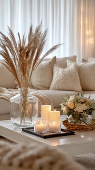 Cozy Living Room With Candles and Decorative Plants During Evening Light photo