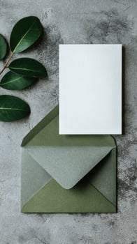 Elegant Green Envelope and Blank Card With Leaves on a Textured Surface photo