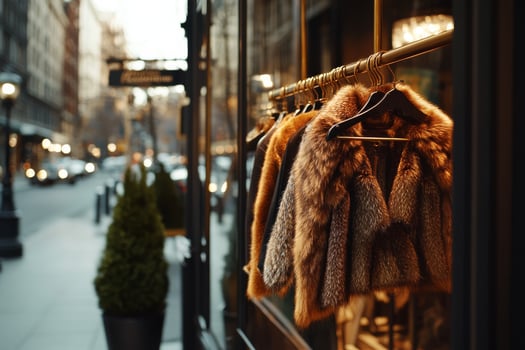 Fashionable Fur Coats Displayed Outside a Boutique in a Bustling City During Evening Hours photo