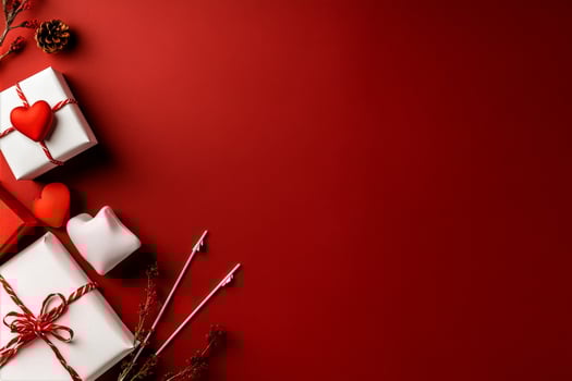 Festive Gift Arrangement With Red Background and Decorative Elements for Celebration. photo