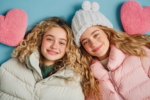 Friends Enjoy a Fun Winter Day With Smiles and Fluffy Hats Against a Colorful Background. photo