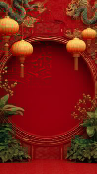 Vibrant Red Background With Decorative Lanterns and Foliage for Cultural Celebration Ambiance. photo