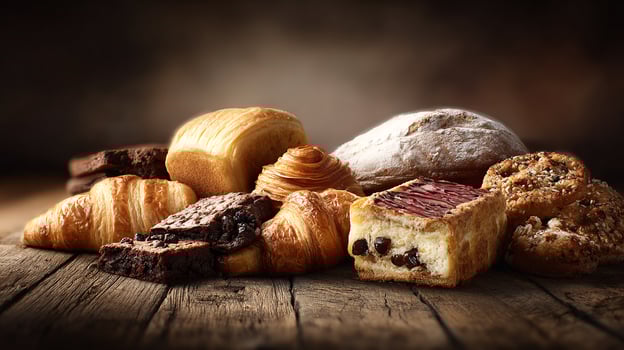 Photorealistic close-up bakery photo of baked goods