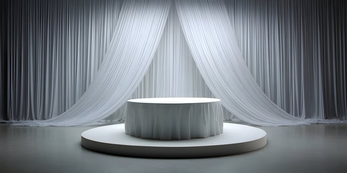 White Tablecloth Round Table on Circular Podium Elegant Draped Curtains Background photo