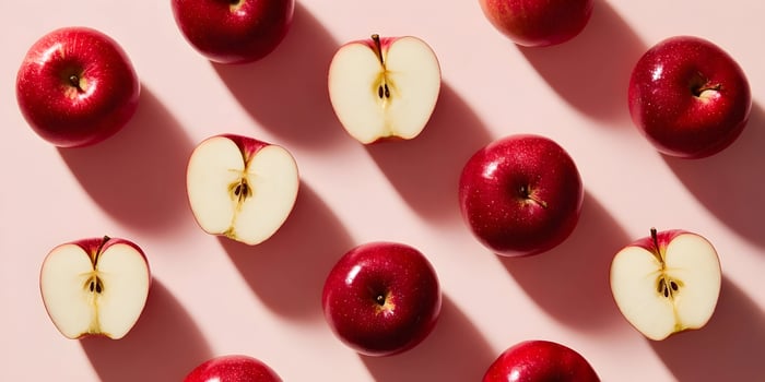 Red Apples Pattern Flatlay Pink Background Halved Apples photo
