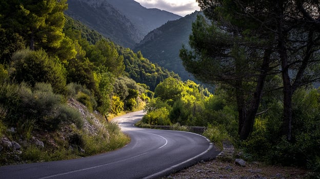 Photorealistic photography of winding road through lush landscape photo