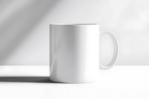 Minimalist white mug on white surface with soft window light and shadow photo