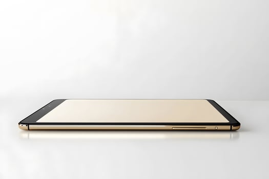 Sleek Gold Tablet Profile on White Surface, Minimalist Design an photo
