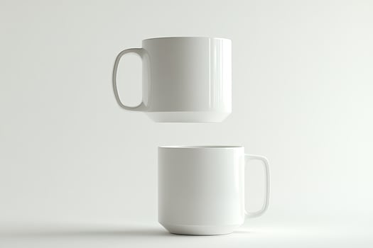 Two White Mugs Suspended in MidAir Against a White Background photo