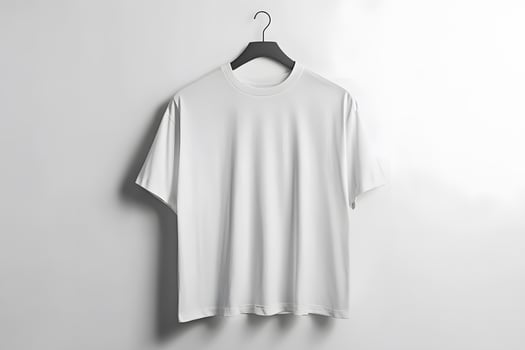 Clean White T-shirt Hanging on a Black Hanger Against a White Wa photo