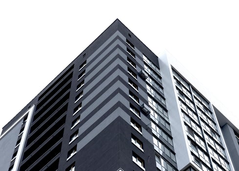 Building corner with modern high rise apartment architecture. Tall white residential structure with photo
